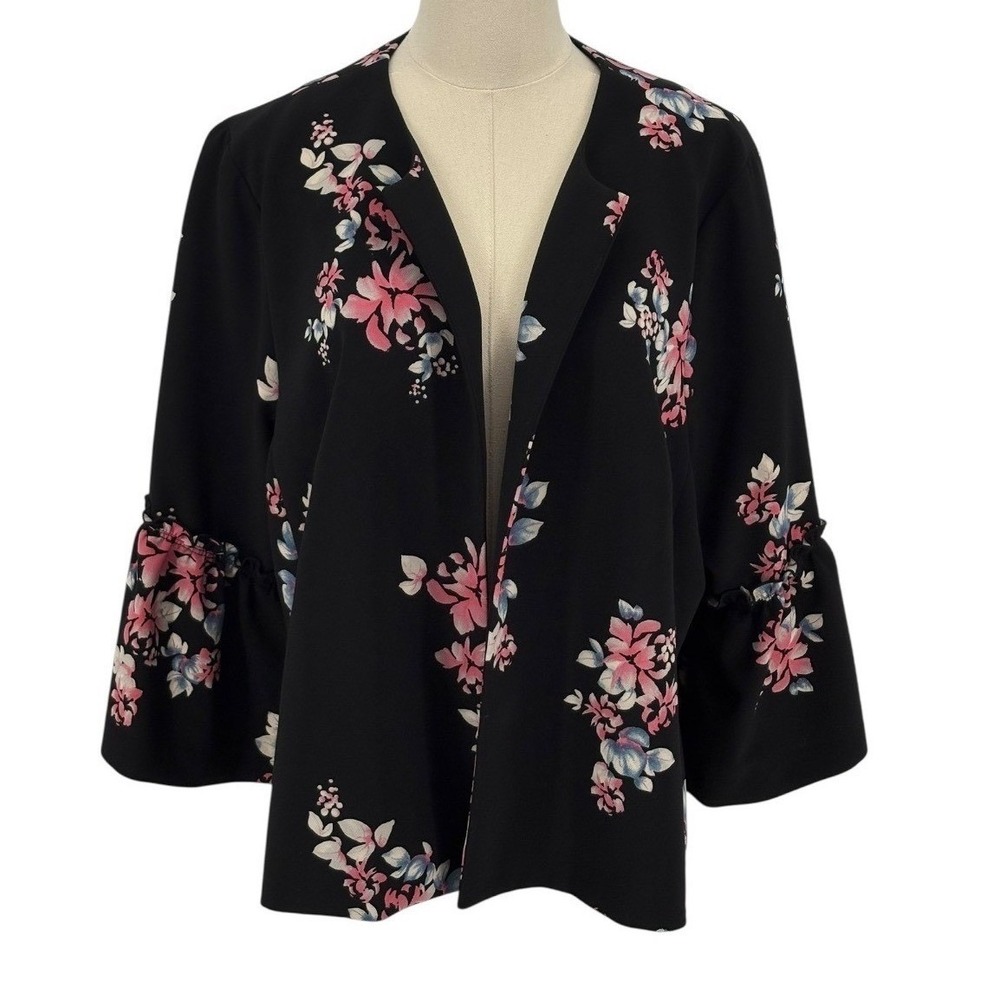 Lane Bryant Open Front Jacket Black Floral Ruffle Bell Sleeve 18/20
